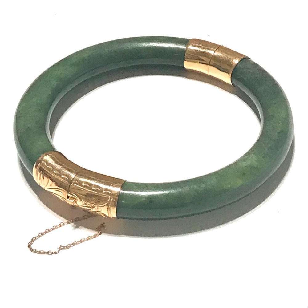 14 K Gold Natural Green Jade Bangle